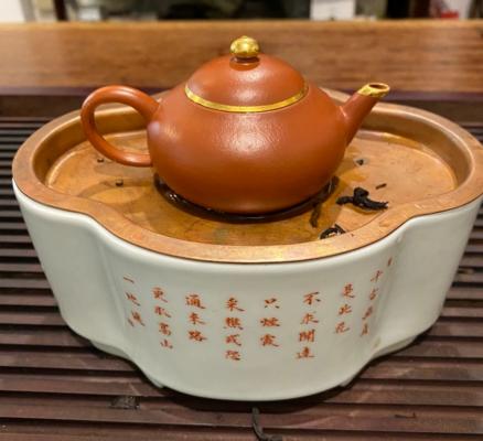 朱泥鑲金壺 潮州式茶承 磁製 崁銅 